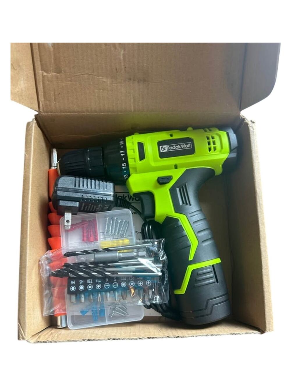 FadalWalt 12V Cordless Drill Kit with Charger Drill Bits Screws Anchors Set DC